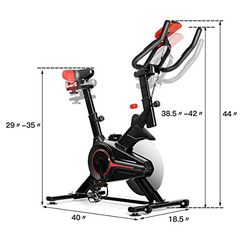 GYMAX Indoor Cycling Bike, Stationary Exercise Bike with LCD Monitor, Heart Pulse Sensor & Comfortable Seat Cushion for Home Workout Black+Red