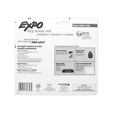 EXPO Low Odor Dry Erase Marker Starter Set, Chisel Tip, Assorted, Whiteboard Eraser, Cleaning Spray, 6 Count