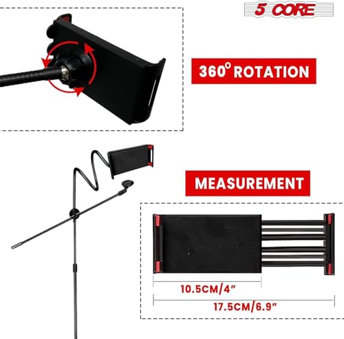 5 Core Microphone Stand Pair + Phone Holder Floor Boom Mic Stand Gooseneck + Tablet Holder Collapsible Adjustable Tripod Mic Stand w Two Mic Clips + Carry Bag for Singing Karaoke Studio Parties MS MOB