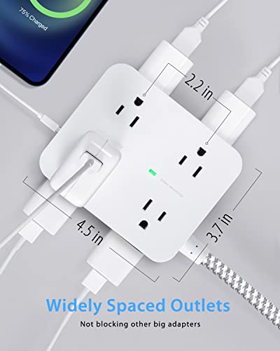 Surge Protector Power Strip - 8 Widely Outlets with 4 USB Charging Ports, 3 Side Outlet Extender with 5Ft Braided Extension Cord, Flat Plug, Wall Mount, Desk USB Charging Station for Home Office ETL