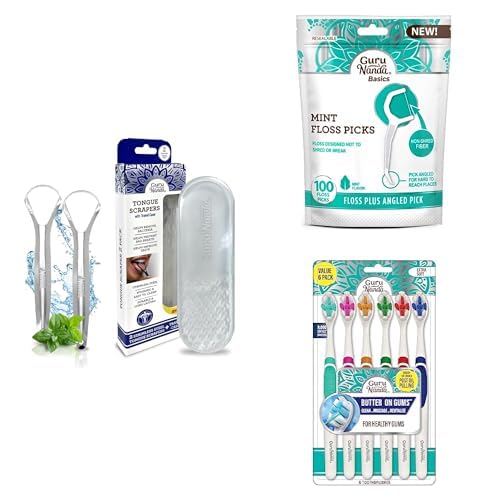 GuruNanda Complete Oral Care: 6 Pack Butter on Gums Toothbrush, 2-Pack Spoon Shaped Tongue Scrapers with 100 Mint Floss Picks - Say Goodbye to Bad Breath!