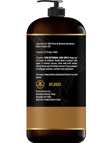 Brooklyn Botany Jamaican Black Castor Oil for Skin, Hair and Face – 100% Pure and Natural Body Oil and Hair Oil - Carrier Oil for Essential Oils, Aromatherapy and Massage Oil – 28 fl Oz