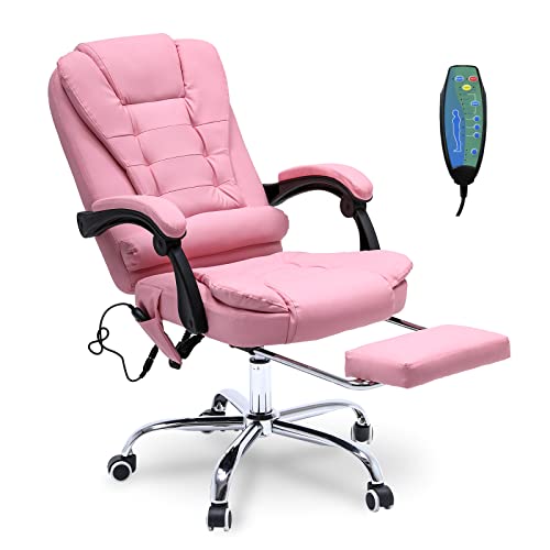 ONPNO Reclining Office Chair with Massage, Ergonomic w/Foot Rest, PU Leather Executive Computer w/Heated, Padded Armrest, High Back Swivel Recliner for Home Study (Pink), 18D x 26W 45H in (898)