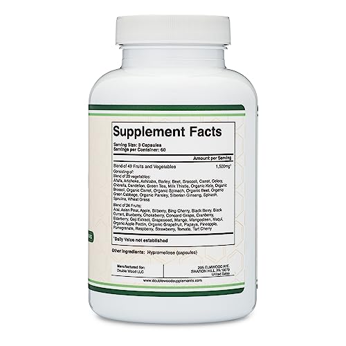 Fruits and Veggies Supplement (Daily Blend of 49 Different Fruits and Vegetables, 23 Veggies and 29 Fruits) 1,500mg Servings, 180 Capsules (No Fillers, Vegan Safe, Non-GMO) by Double Wood