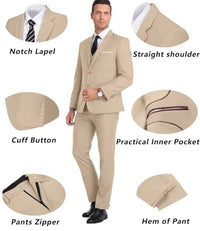 Men’s 3 Piece Suit Set Slim Fit Dress Suits Set with 2 Button Tux Blazer Jacket Vest Pants & Tie for Party Wedding Business Beige S