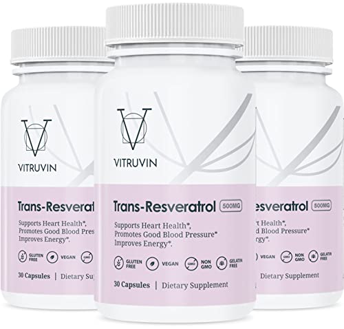 Vitruvin Trans-Resveratrol 500mg, 3 Bottles Pack, Vegan, Non-GMO, Gluten-Free, Gelatin-Free.