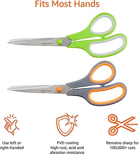 Amazon Basics Multipurpose, Comfort Grip, PVD Coated, Stainless Steel Office Scissors, 2-Pack, Green and Gray