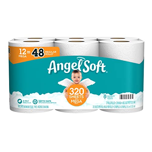 Angel Soft Toilet Paper, 12 Mega Rolls = 48 Regular Rolls, 2-Ply Bath Tissue White