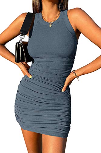 Wenrine Womens Crew Neck Sleeveless Bodycon Dress Ribbed Slim Fit Ruched Stretchy Party Club Short Mini Dress Blue