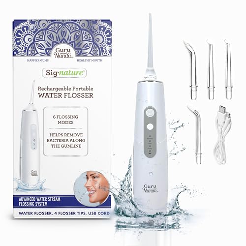 GuruNanda Cordless Water Flosser for Teeth, Gums & Braces - Portable & Rechargeable, 300 ml Water Tank with 6 Flossing Modes, 4 Replaceable Tips & IPX7 Waterproof - Oral Irrigator for Home & Travel