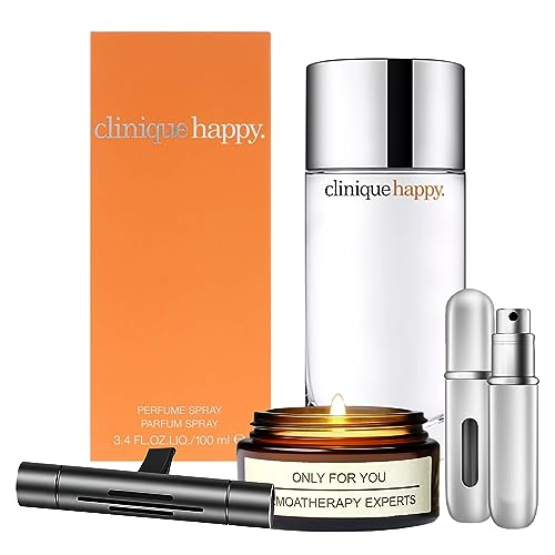 Happy By Clinique For Women EDP, 3.4 Fl Oz - Gift Set Pack With Lavender Soy Candle, Car Air Fresheners, and Empty Travel Perfume Atomizer