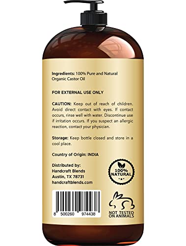 Handcraft Blends Organic Castor Oil for Hair Growth, Eyelashes and Eyebrows - 100% Pure and Natural Carrier Oil, Hair Oil and Body Oil - Moisturizing Massage Oil for Aromatherapy - 28 fl. Oz