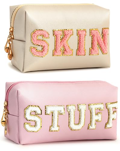 Vorey 2PCS Preppy Makeup Bag for Women Travel Toiletry Bag Chenille Letter Cosmetic Bag PU Leather Waterproof Pouch Cute Zipper Organizer, Stuff and Skin