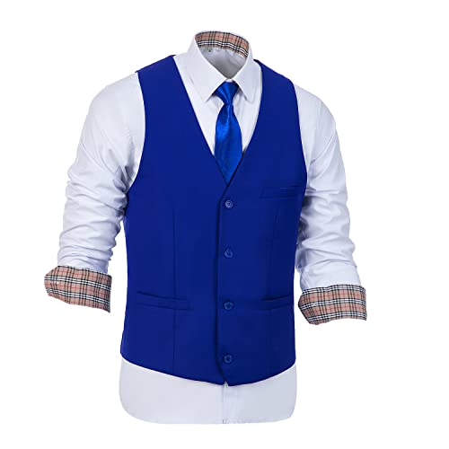 Mens 3-Piece Suit Two Button Notched Lapel Tuxedo Slim Fit Dress Business Wedding Party Jacket Vest & Pant with Tie Royal-L