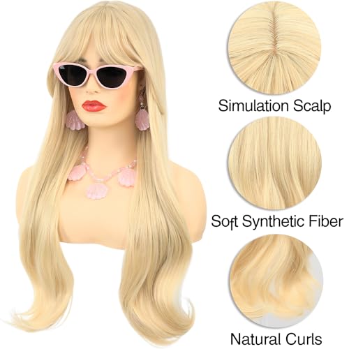 morvally Long Blonde Wig with Bangs for Women Wavy Synthetic Hair Wigs for Girls Cosplay Costume Halloween Party Daily Wear Including Shell Necklace Bracelets Earrings Sunglasses and Bow Hair Clip