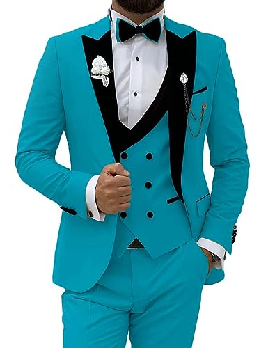 SHUZHXLZANGY Slim Fit Tuxedo for Men 3 Piece Double Breasted Suit Men Suits 34 Tuxedo Jacket for Men Vest Pants Suits XXS Aqua