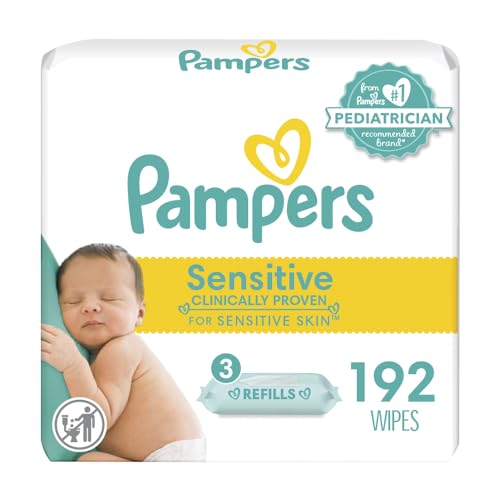 Pampers Sensitive Baby Wipes - 192 Count, Water Based, Hypoallergenic and Unscented (Packaging May Vary)