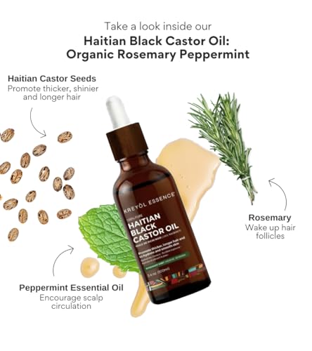 Kreyol Essence - Rosemary Peppermint Haitian Black Castor Oil for Skin and Hair, 3.4 Oz Glass Bottle -, Natural Humectant, Hair Growth.