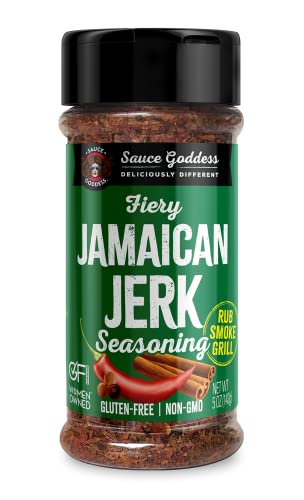 Sauce Goddess Fiery Jamaican Jerk Spice - Seasonings and Spices for Cooking with Caribbean Flavors! Perfect for Chicken, Pork, Seafood & More - Low Sugar, Low Sodium, Fat-Free, Vegan Friendly - 5 oz