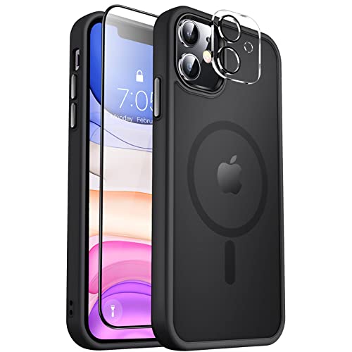 MOCCA Strong Magnetic for iPhone 11 Phone Case,[Compatible with Magsafe][Glass Screen Protector+Camera Lens Protector] Slim Thin Shockproof Cover Case for iPhone 11 6.1 inch, Black