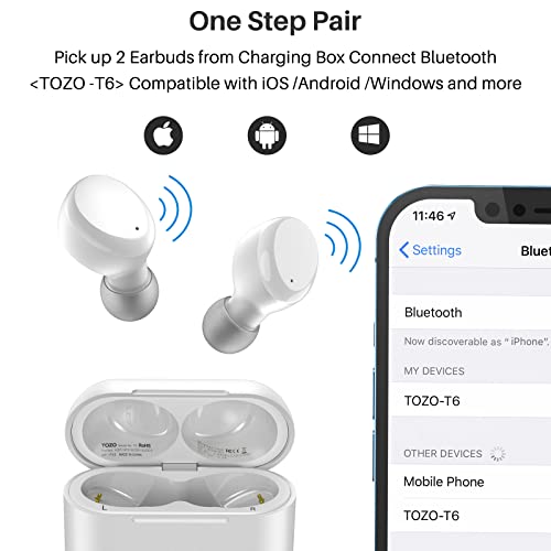 TOZO T6 True Wireless Earbuds Bluetooth 5.3 Headphones Touch Control with Wireless Charging Case IPX8 Waterproof Stereo Earphones in-Ear Built-in Mic Headset Premium Deep Bass White