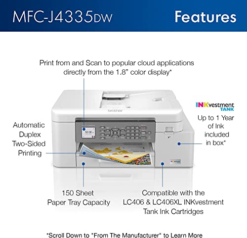 Brother MFC-J4335DW INKvestment Tank All-in-One Printer with Duplex and Wireless Printing Plus Up to 1-Year of Ink in-Box (Refurbished)