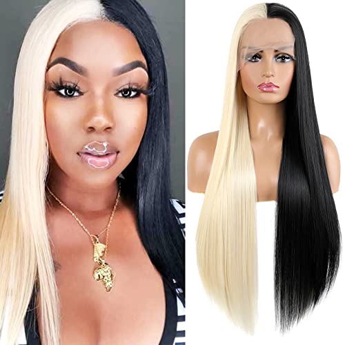 Synthetic Lace Front Wigs Heat Resistant Fiber Long Straight Hair Replacement Wig for Women Cosplay Party Show (Half Black Half Blonde, 24 inch)