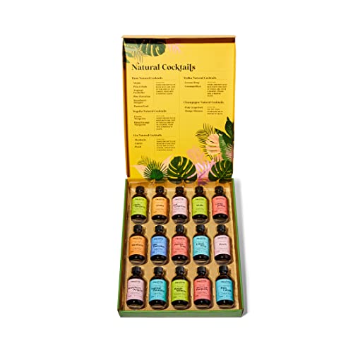 Thoughtfully Cocktails, Natural Cocktail Mixer Gift Set in Mini Glass Bottles, 15 Unique and Classic Drink Flavors Include Mojito, Passion Fruit, Peach and More, Set of 15 (NO Artificial Flavor)