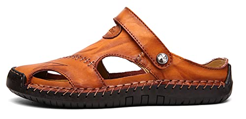 Honeystore Men's Leather Hollow Athletic Sandals Slip-on Roman Casual Shoes Light Brown 8.5 D(M) US Men