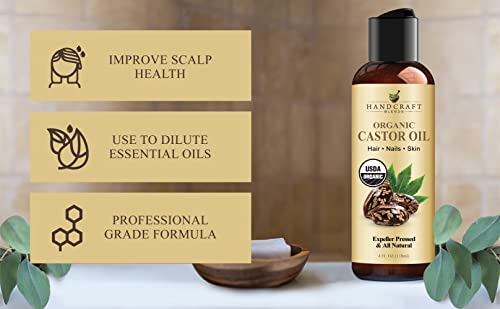 Handcraft Blends Organic Castor Oil for Hair Growth, Eyelashes and Eyebrows - 100% Pure and Natural Carrier Oil, Hair Oil and Body Oil - Moisturizing Massage Oil for Aromatherapy - 4 fl. Oz