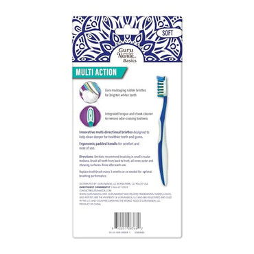 GuruNanda Multi-Action Toothbrush with Tongue Cleaner - Soft Bristles for Sensitive Teeth & Gums - Assorted Colors, Pack of 8