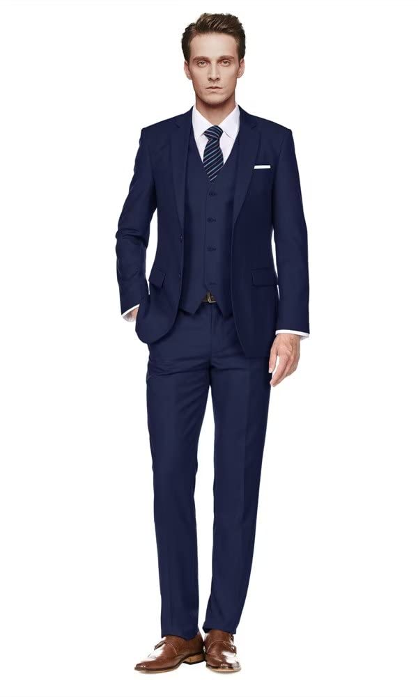 Men Suits Slim Fit Navy Blue Business Wedding 3 Piece Tux Groomsmen Prom Blazer Jacket Vest Pants with Tie Men Suit Set M