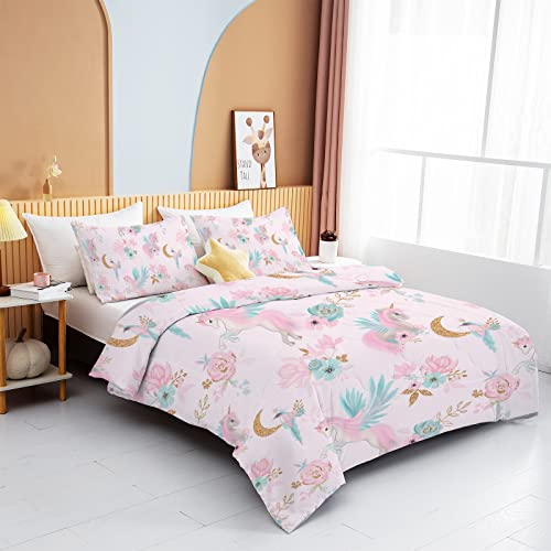 BEDMUST Unicorn Comforter Set King - Soft Cute Pink Unicorn Bedding Set with Flowers Leaves and Blue Birds Print Pattern 3 Piece Unicorn Bed Set for Teen Women Aldults (King, Gold Moon)