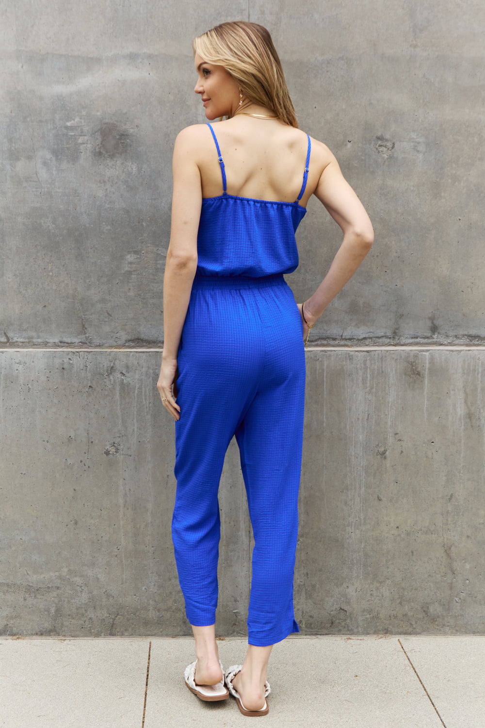 ODDI Full Size Textured Woven Jumpsuit in Royal Blue