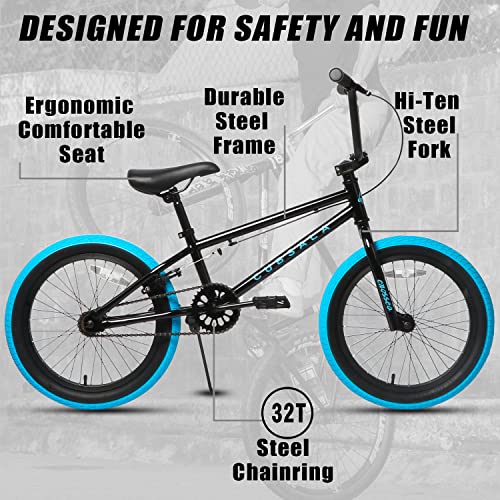 cubsala 20 Inch Freestyle BMX Bicycle Big Kids Bike for Age 6 7 8 9 10 11 12 13 14 Years Old Boys Girls and Beginners, Black with Blue Tires