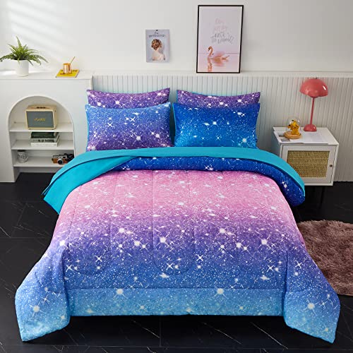 inron Blue Glitter Comforter Sets for Girls Women,Full/Queen Size 5-Pieces Bed in a Bag Ultra Soft Microfiber Comforter and Sheet Sets, All Season Durable Bedding Set(Blue,Full/Queen)