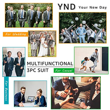 YND Men's Slim Fit 3 Piece Suit Set with Stretch Fabric, One Button Blazer Vest Pants, Solid Party Wedding Dress, Jacket Waistcoat and Trousers with Tie Sky