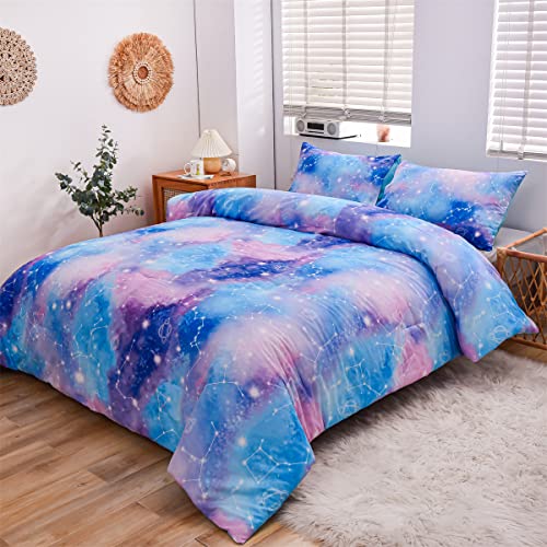 Holawakaka Tie Dye Constellation Print Ombre Comforter Set Twin Size Girls Boys Gradient Galaxy Bedding Set (Blue Purple, Twin)