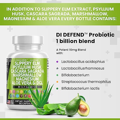 Slippery Elm 5000mg Psyllium Husk 2000mg Pre Probiotic Digestive Gut Health Supplement with Aloe Vera Cascara Sagrada 2000mg Marshmallow Root DGL Licorice Senna Extract Magnesium - Made in USA 90 Ct