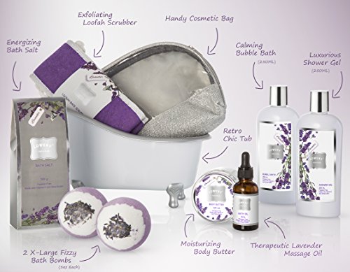 Christmas Bath Gift Basket Set for Women: Relaxing at Home Spa Kit Scented - Lavender and Jasmine with Large Bath Bombs, Salts, Shower Gel, Body Butter Lotion, Bath Oil, Bubble Bath, Loofah & More