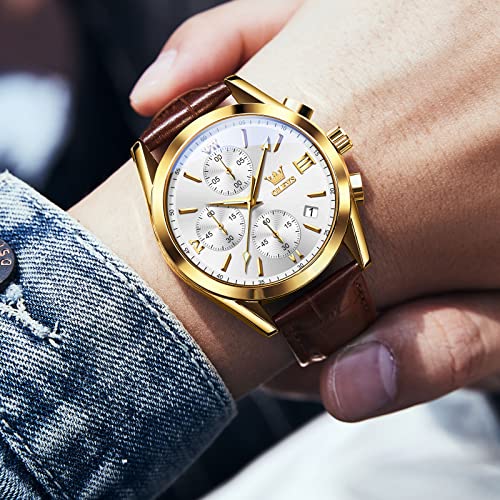 OLEVS Mens Watches Leather Band Luxury Dress Chronograph Watch Casual Waterproof Gold and Blue Watches for Men Relojes para Hombres