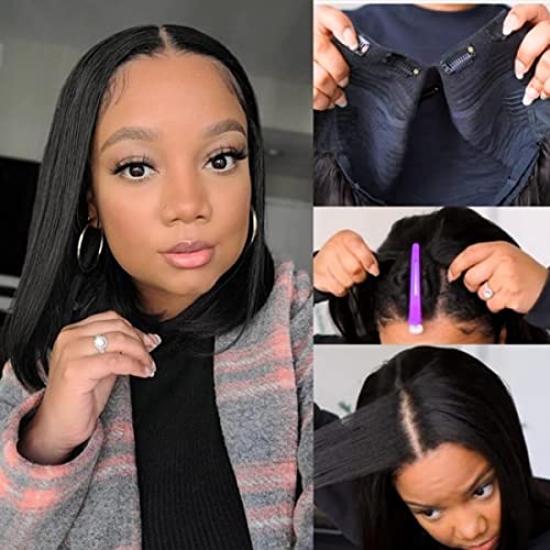 Beauty Forever Straight Bob V Part Wig Upgrade U Part Human Hair Wigs for Women,Brazilian Virgin Short Bob V Part Wig 5x2.5 Lace Front Wear and Go Wig Beginner Friendly Natural Color 150% Density 10inch