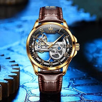 OLEVS Skeleton Watches for Men Automatic Self Winding Mechanical Luxury Dress Brown Leather Waterproof Luminous Men Wrist Watch