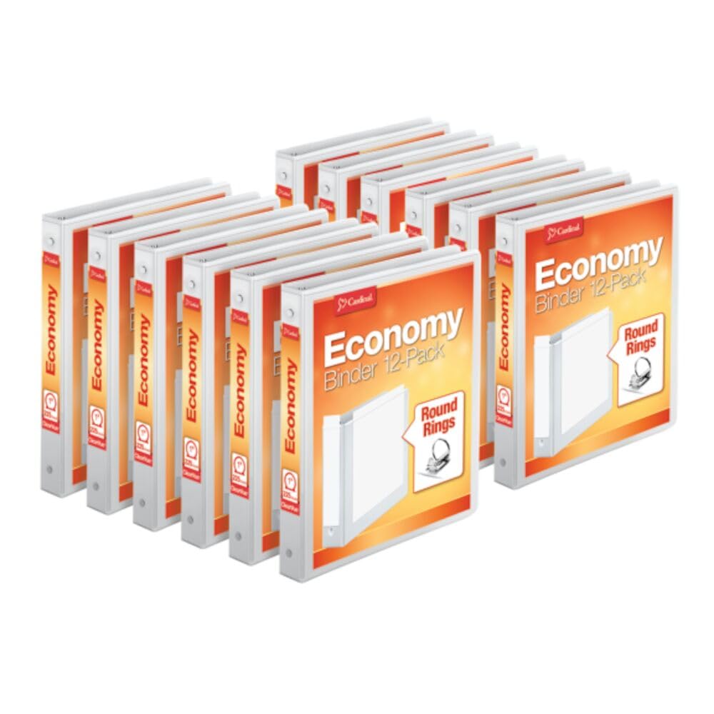 Cardinal Economy 3-Ring Binders, 1", Round Rings, Holds 225 Sheets, ClearVue Presentation View, Non-Stick, White, Carton of 12 (90621)