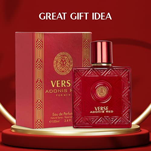 NovoGlow Verse Adonis Red for Men - 100ml Eau De Parfum Spray for Men - Long Lasting Fruity Warm & Floral Fragrance Smell Fresh All Day Long Includes Carrying Pouch Gift for Men for All Occasions