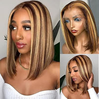 Superfect Highlight Lace Front Bob Wig Human Hair Ombre Honey Blonde 13x4 Hd Lace Front Wigs Human Hair Pre Plucked Middle Part 4/27 Colored Transparent Lace Frontal Wigs(12 Inch, 4/27 Highlight)