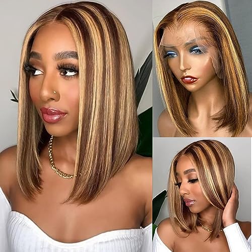 Superfect Highlight Lace Front Bob Wig Human Hair Ombre Honey Blonde 13x4 Hd Lace Front Wigs Human Hair Pre Plucked Middle Part 4/27 Colored Transparent Lace Frontal Wigs(12 Inch, 4/27 Highlight)