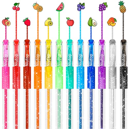 Niutop 12-Color Scented Glitter Gel Pens for Kids, Fruity Scented Markers, Colored Pen Set Fun Pens, Cute School Supplies Stationary, Art Supplies, Christmas Gifts, Stocking Stuffers for Kids Teens