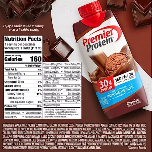 Protein Shake| Variety Pack of Protein Shake, Chocolate, Vanilla, Caramel, Cafe Latte, Strawberries |30g Protein, 1g Sugar, 24 Vitamins & Minerals, Nutrients to Support Immune Health| 11 Fl Oz (BETRULIGHT Premier Value Case of 15) (Chocolate)