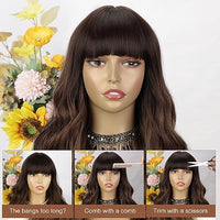 Lativ Brown Wig with Bangs Long Wavy Wig with Dark Roots for Women Curly Wavy Wig Synthetic Fiber Natural Looking Hair Replacement Wig for Daily Party Use 26 Inches